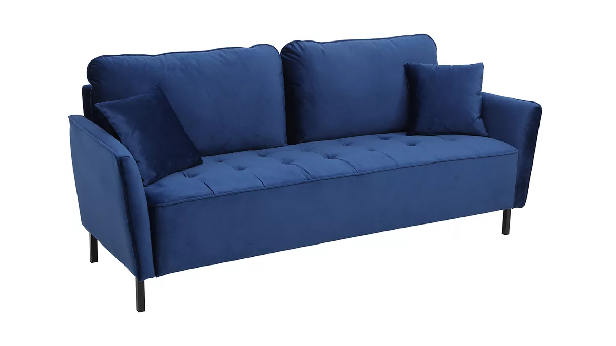 canape design 3 places en tissu velours bleu fonce