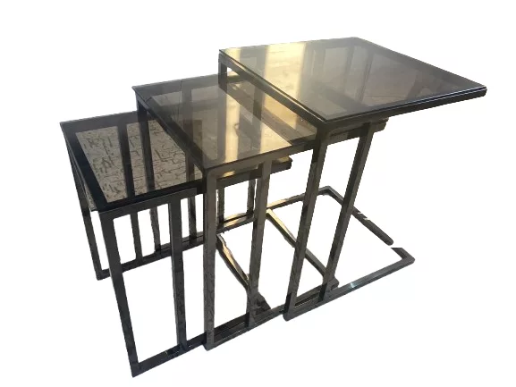 Lot de 3 tables gigognes modernes – Verre fumé & inox noir