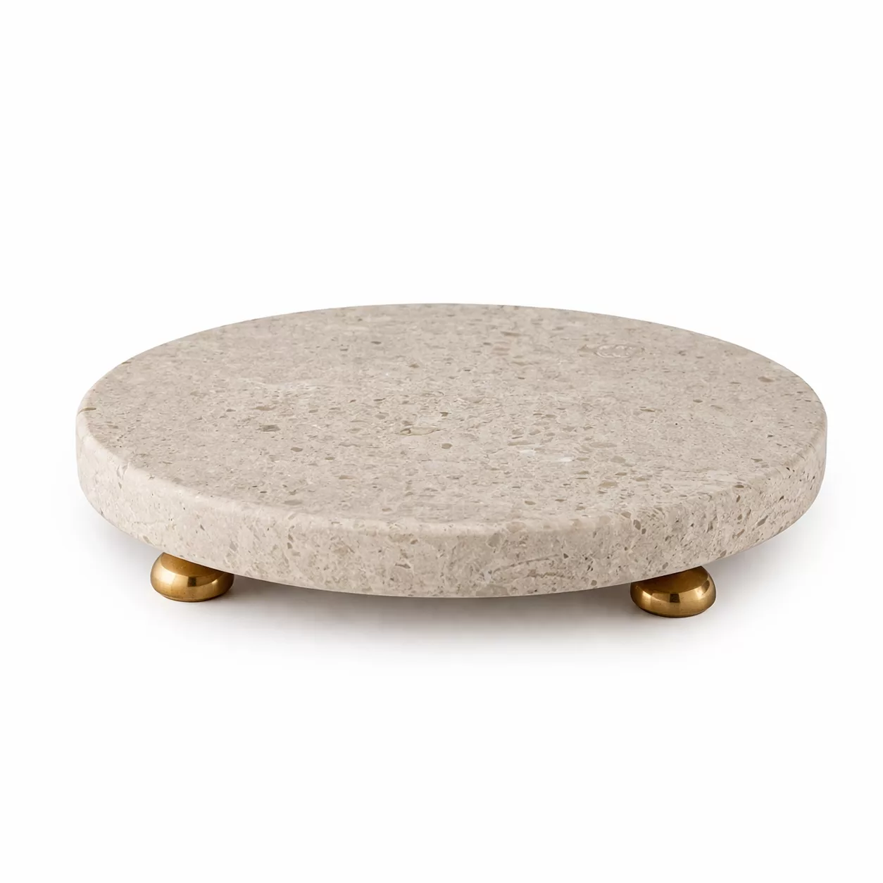 Présentoir rond en marbre beige avec pieds dorés