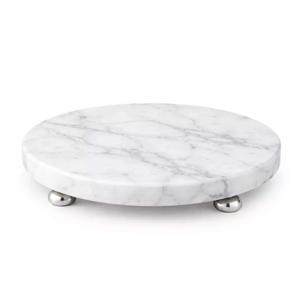Présentoir rond en marbre blanc avec pieds dorés