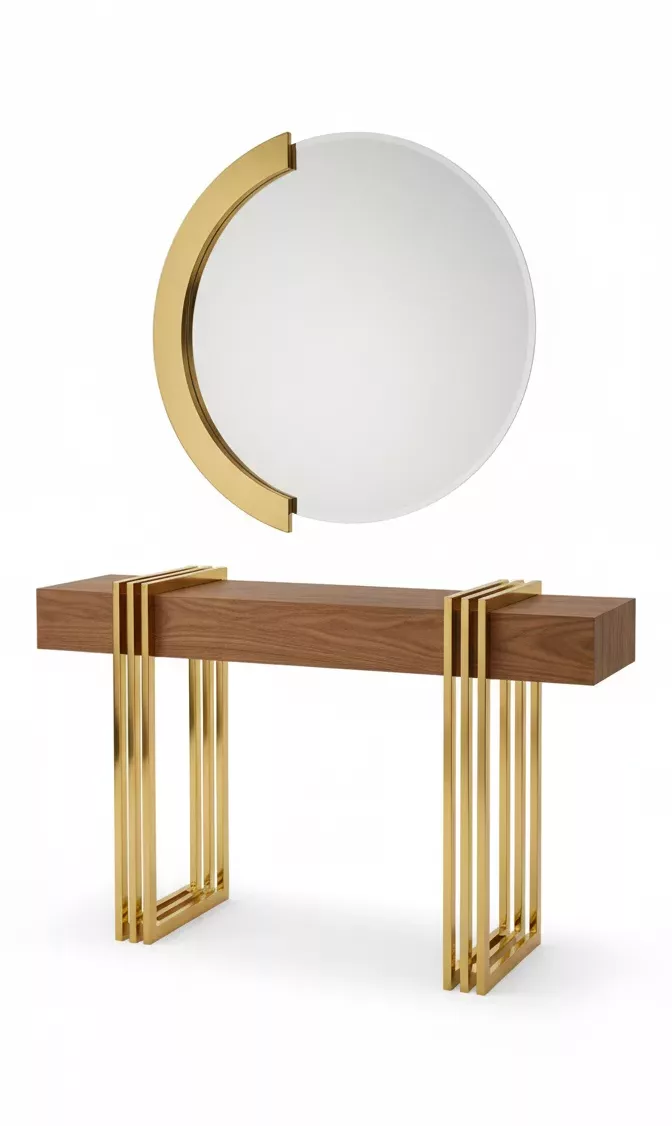 Ensemble Console & Miroir – Inox Doré & Bois Naturel