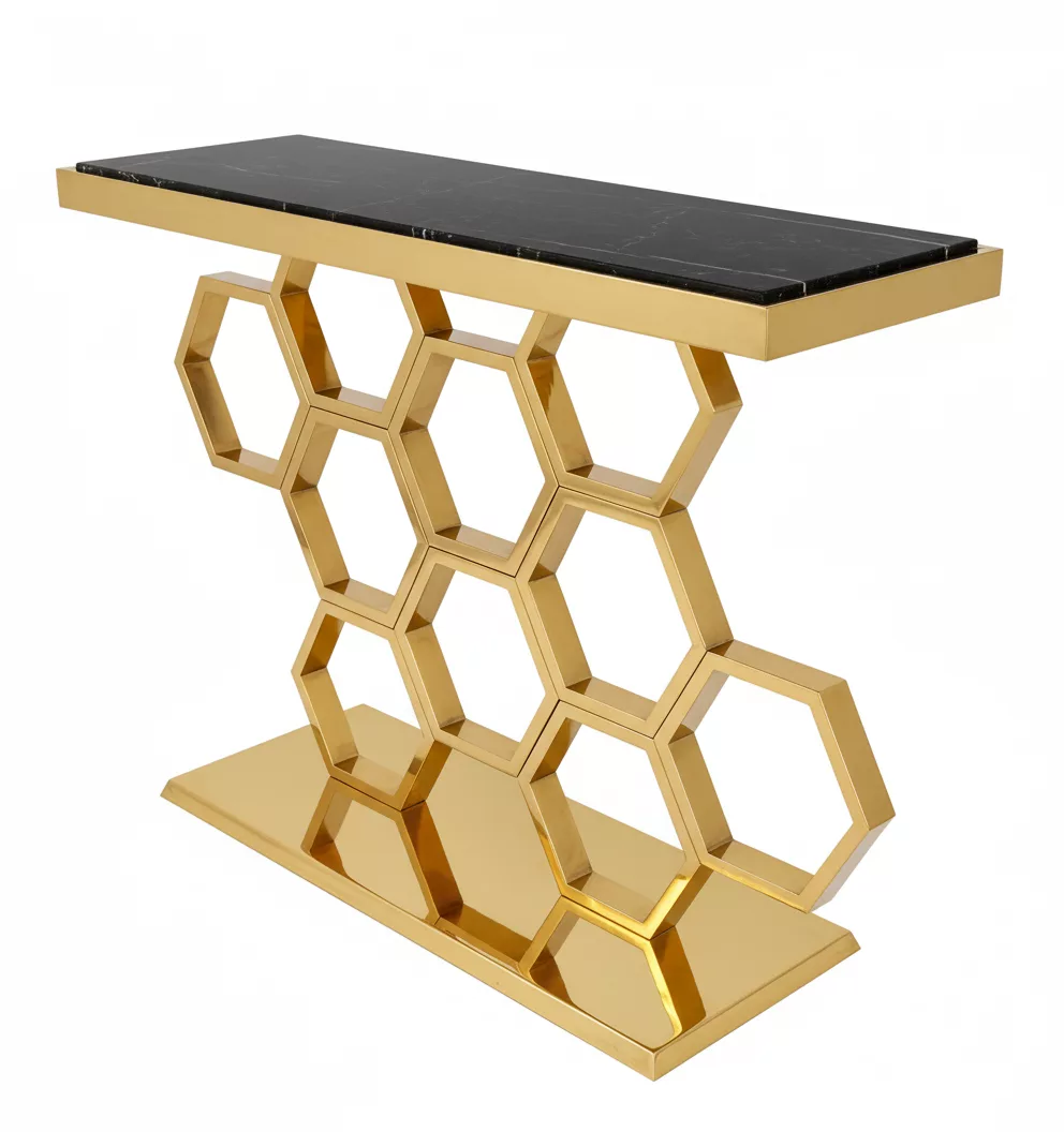 Console Luxueuse 100 % Inox Doré – Plateau Noir Élégant