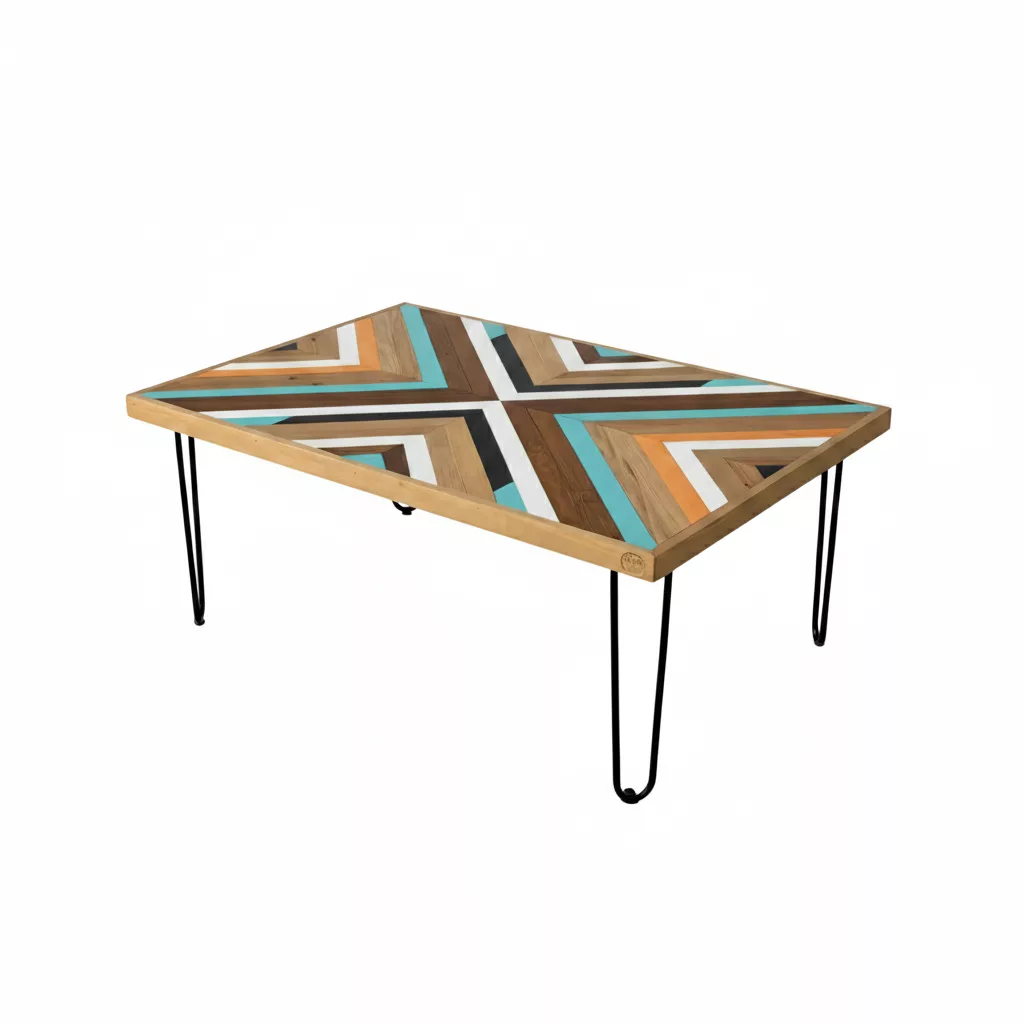 Table Basse Bois Rouge Artisanale Pieds Métal Noir