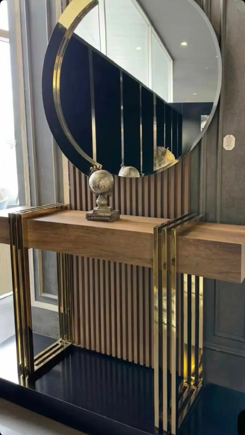 Ensemble Console & Miroir – Inox Doré & Bois Naturel – Image 3