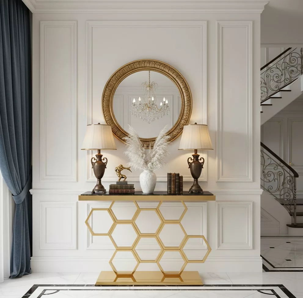 Console Luxueuse 100 % Inox Doré – Plateau Noir Élégant – Image 2