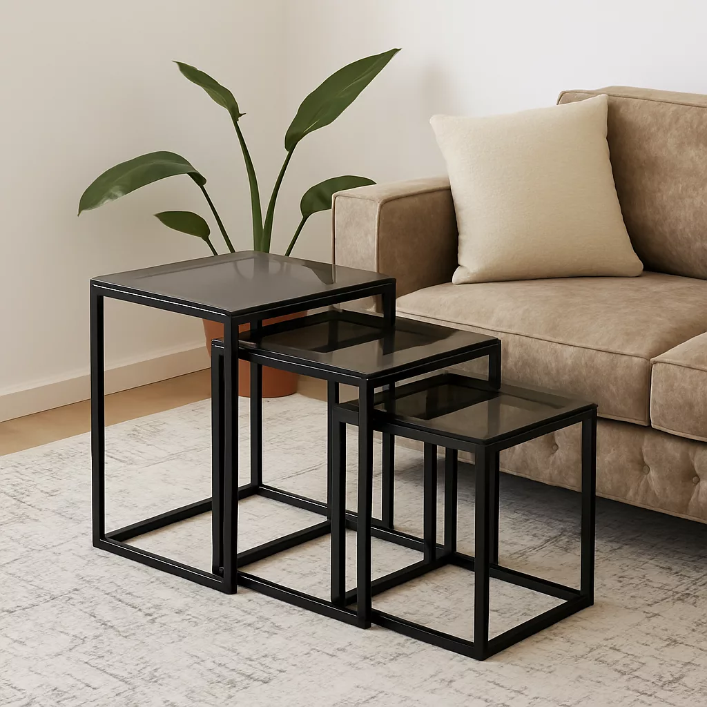 Lot de 3 tables gigognes modernes – Verre fumé & inox noir – Image 2
