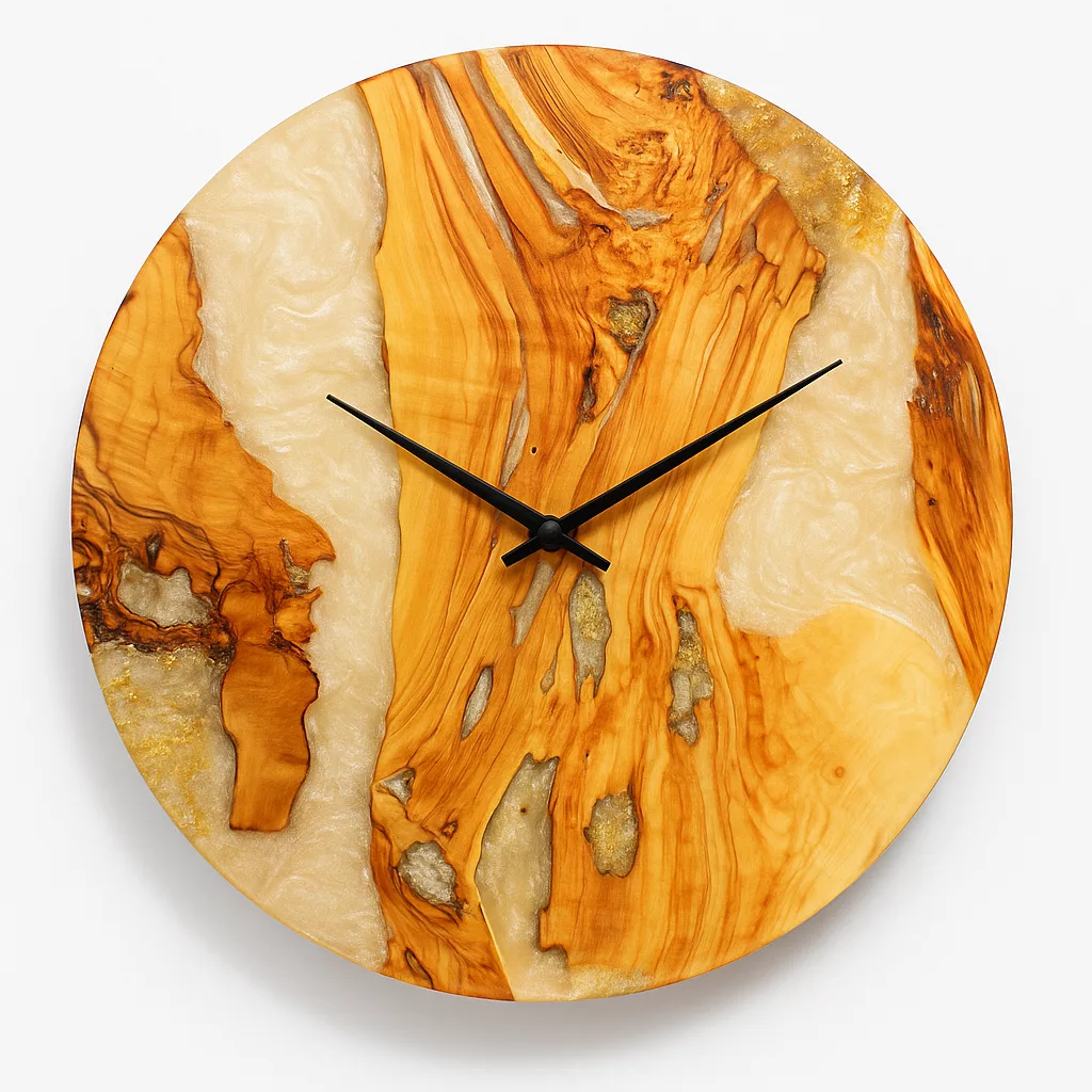 Horloge Murale Artisanale Bois d’Olivier & Résine Nacrée