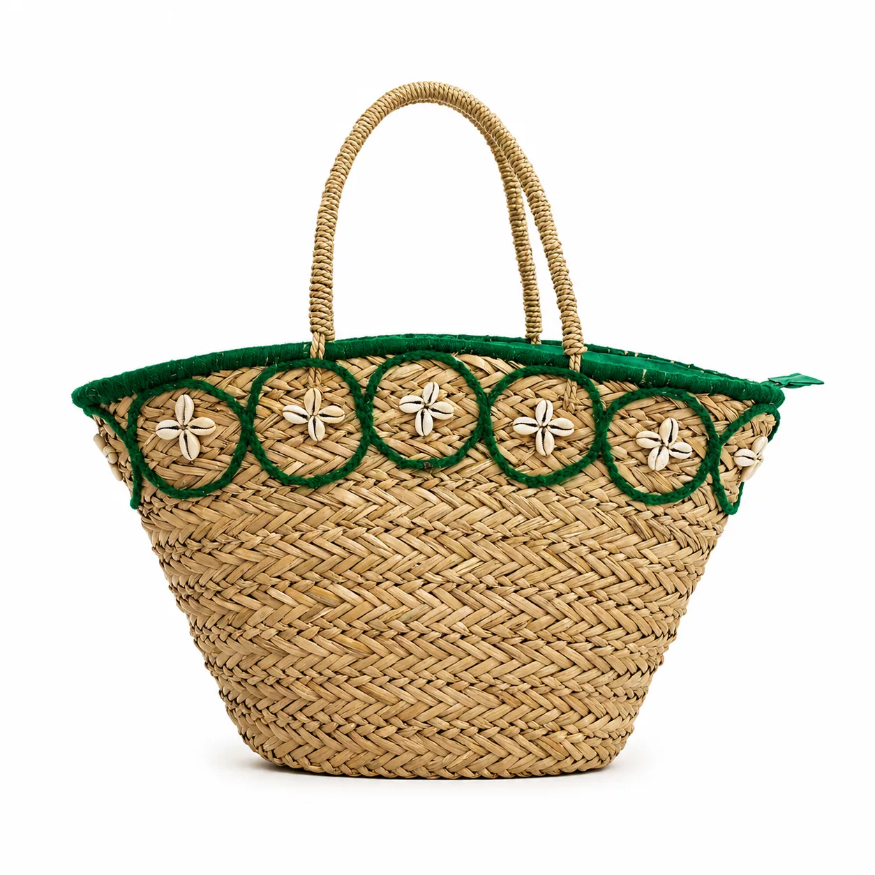 Couffin en paille tressée avec motif de coquillages
