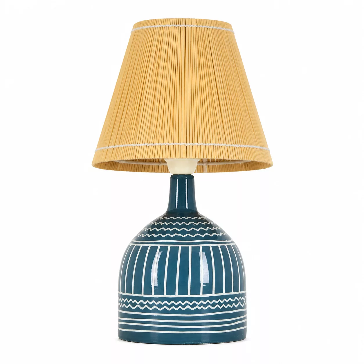 Lampe Bohème Azul - céramique et paille - H 30 cm