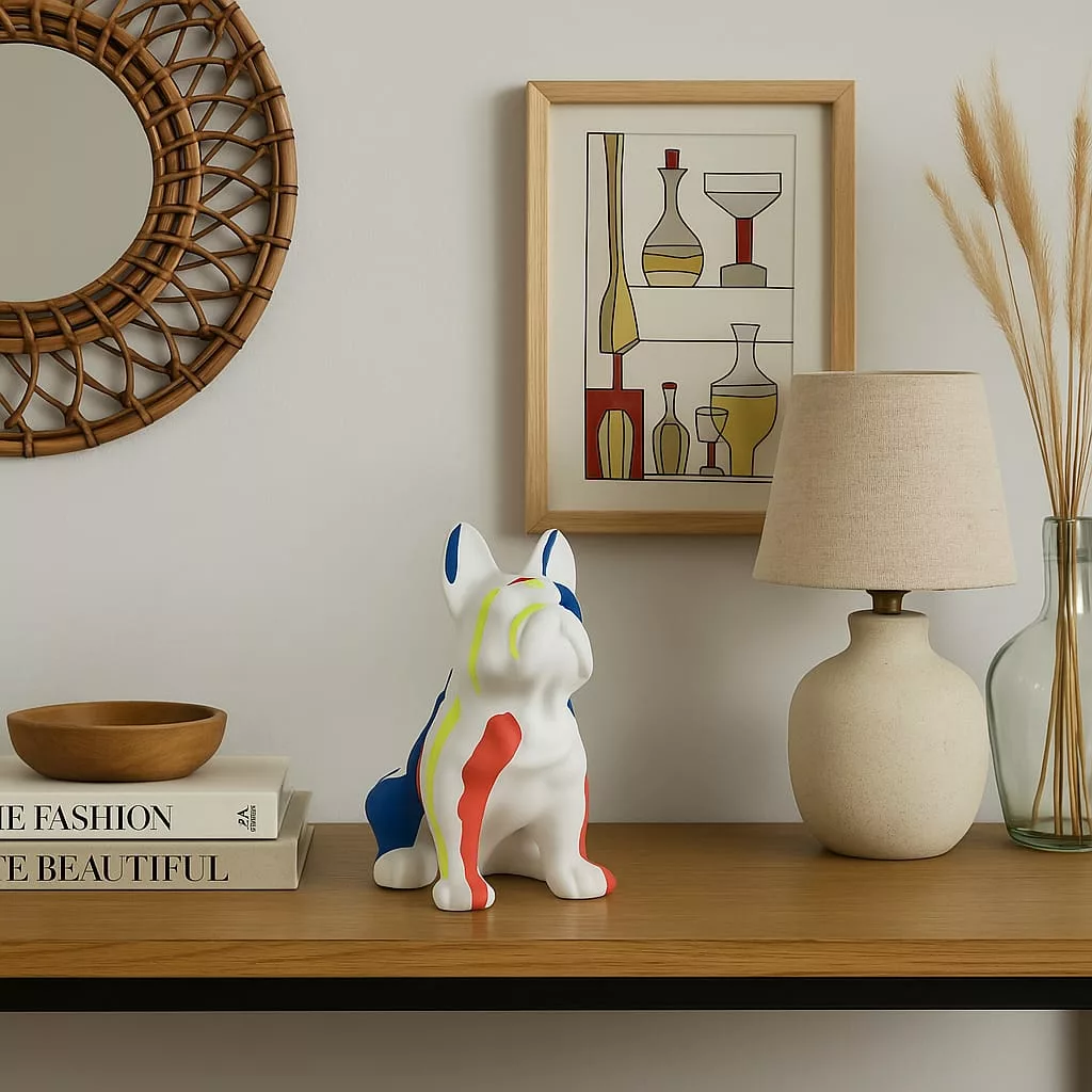 Statuette Bulldog en résine blanc avec éclaboussures multicolores – Image 2