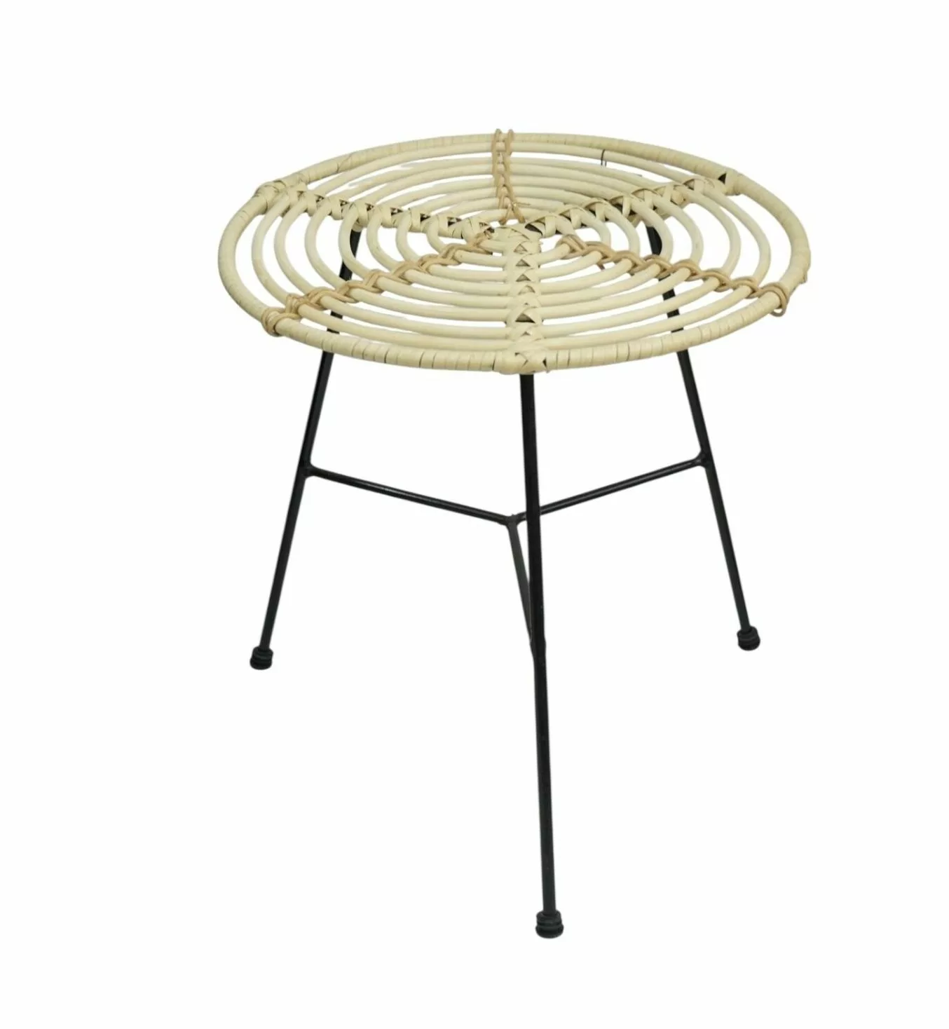 Tabouret rond en rotin naturel et métal noir