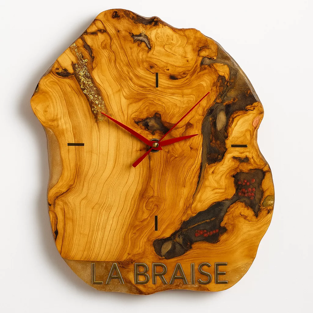 Horloge Murale Artisanale en Bois et Résine – La Braise