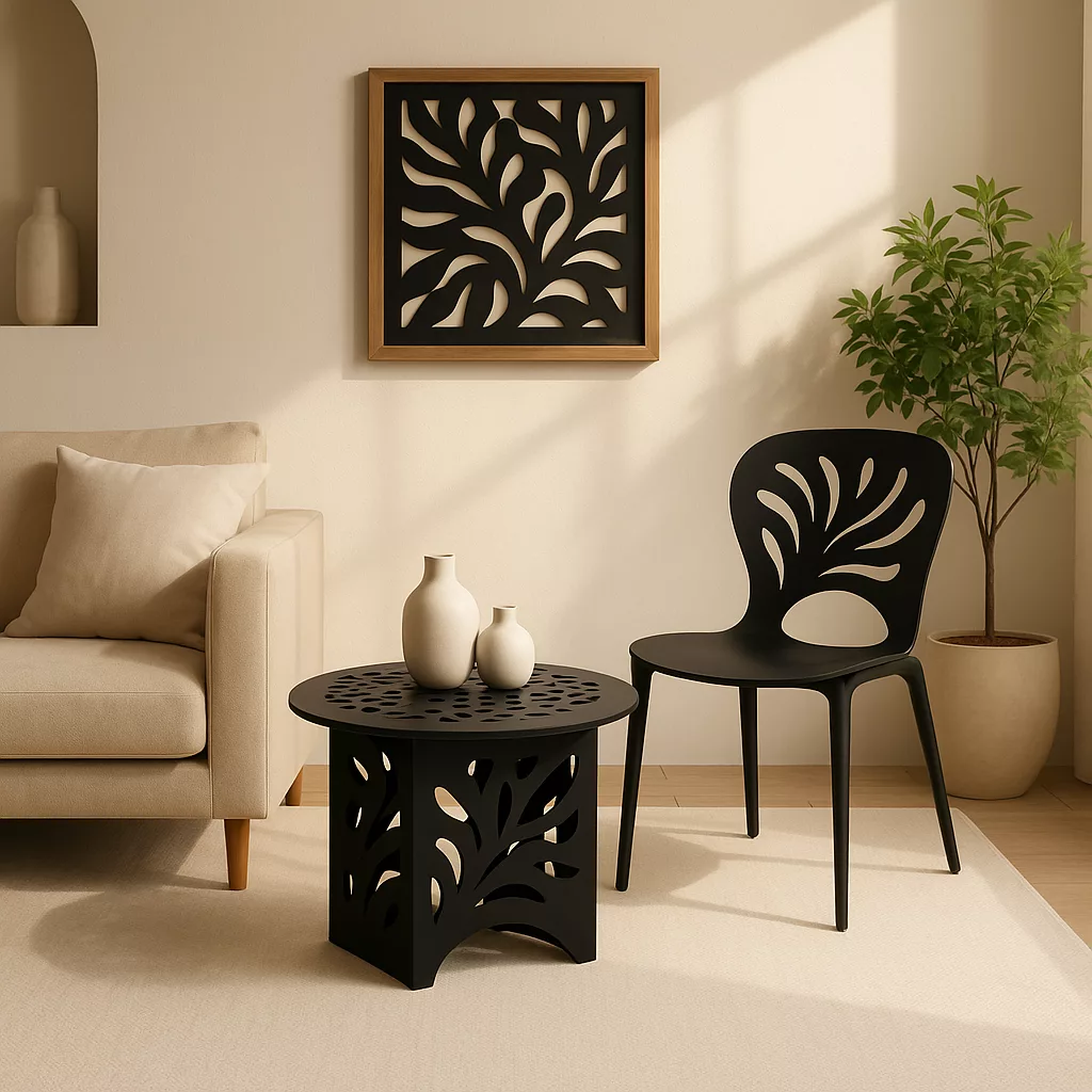 Ensemble Chaise & Table Basse Métalliques – Design Découpe Artistique – Image 2