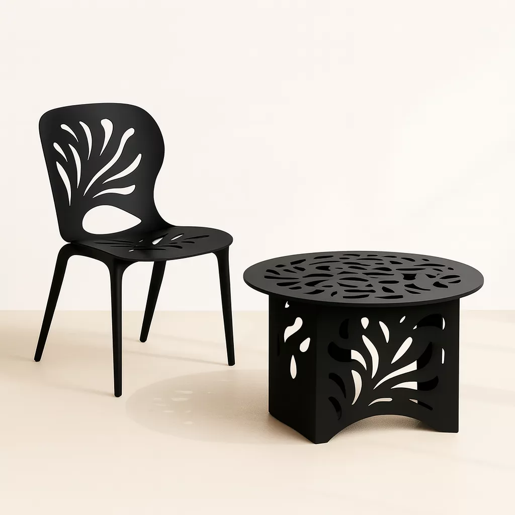 Ensemble Chaise & Table Basse Métalliques – Design Découpe Artistique