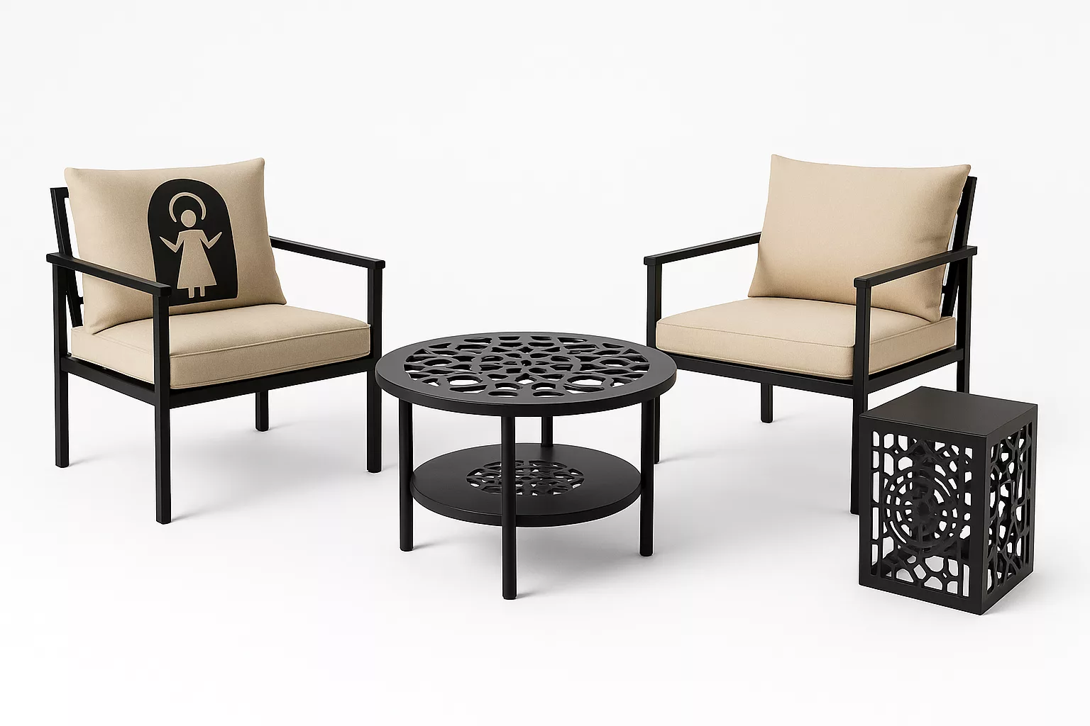 Salon de Jardin Métallique – 2 Fauteuils + Table Basse + Table d’Appoint