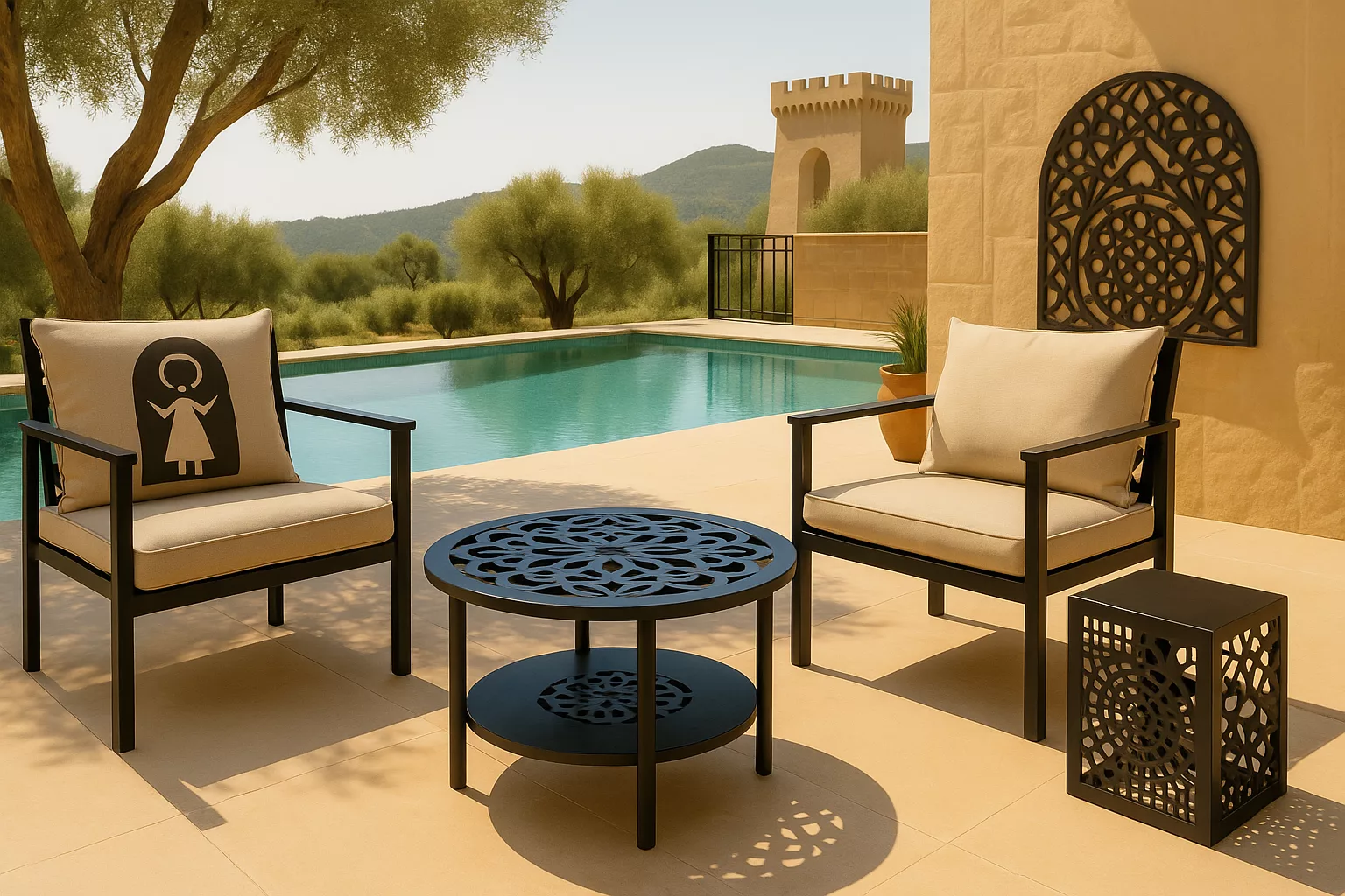 Salon de Jardin Métallique – 2 Fauteuils + Table Basse + Table d’Appoint – Image 2