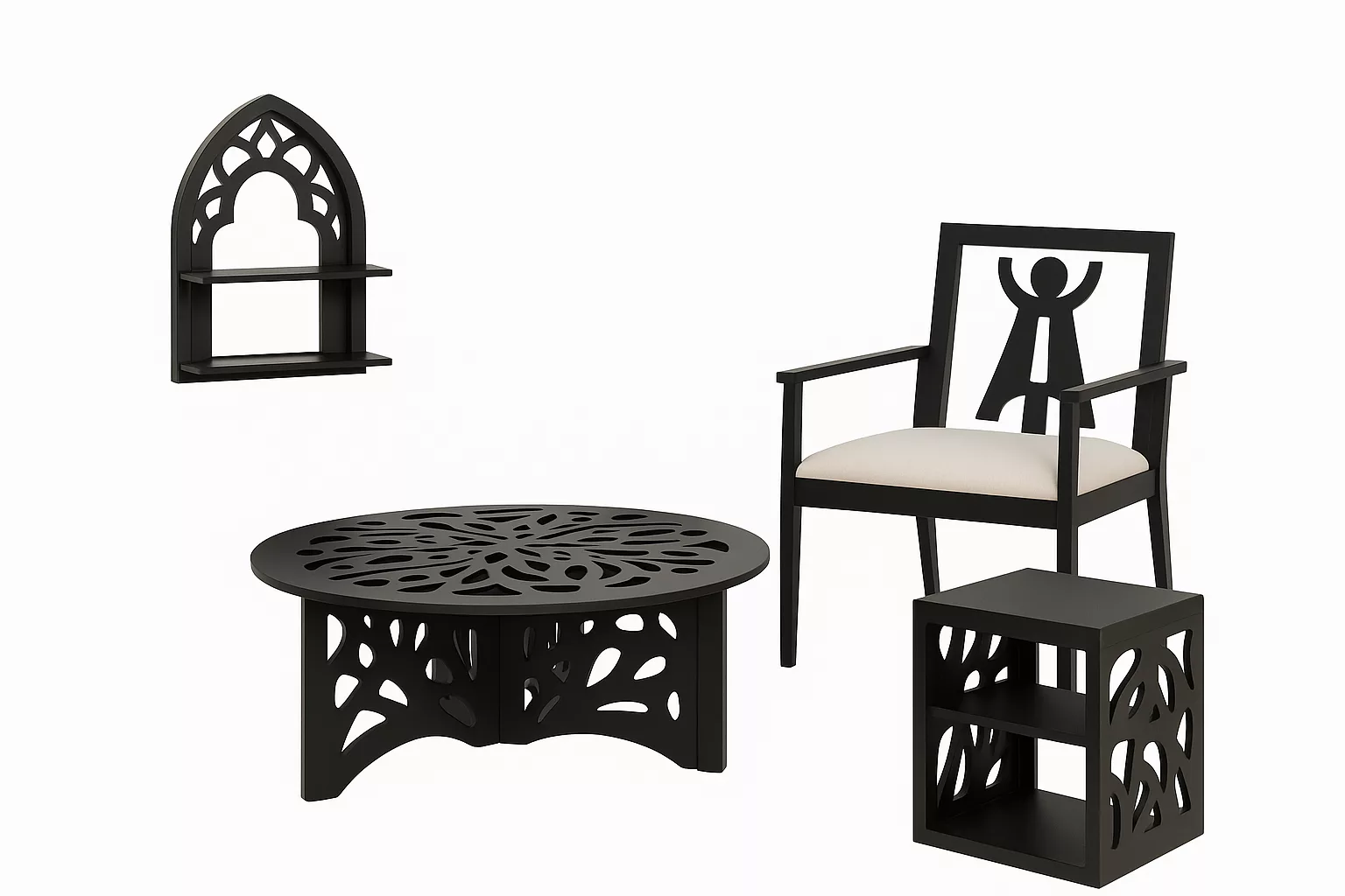 Ensemble Mobilier Métallique – Table Basse + Fauteuil + Étagère Murale + Cube d’Appoint