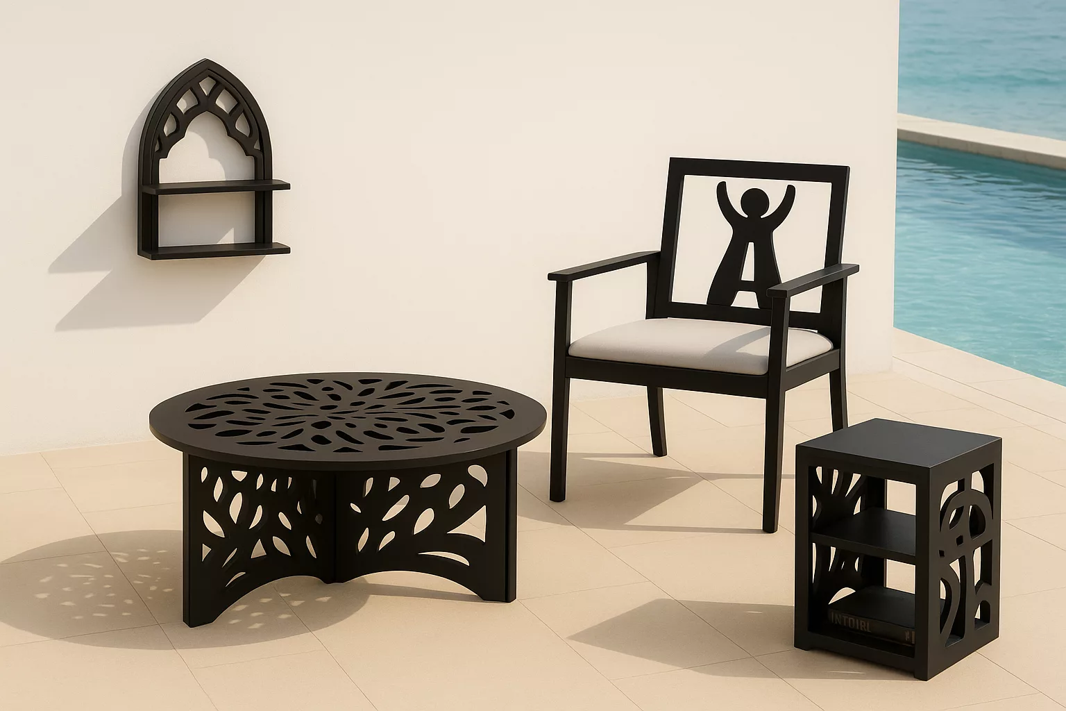 Ensemble Mobilier Métallique – Table Basse + Fauteuil + Étagère Murale + Cube d’Appoint – Image 2