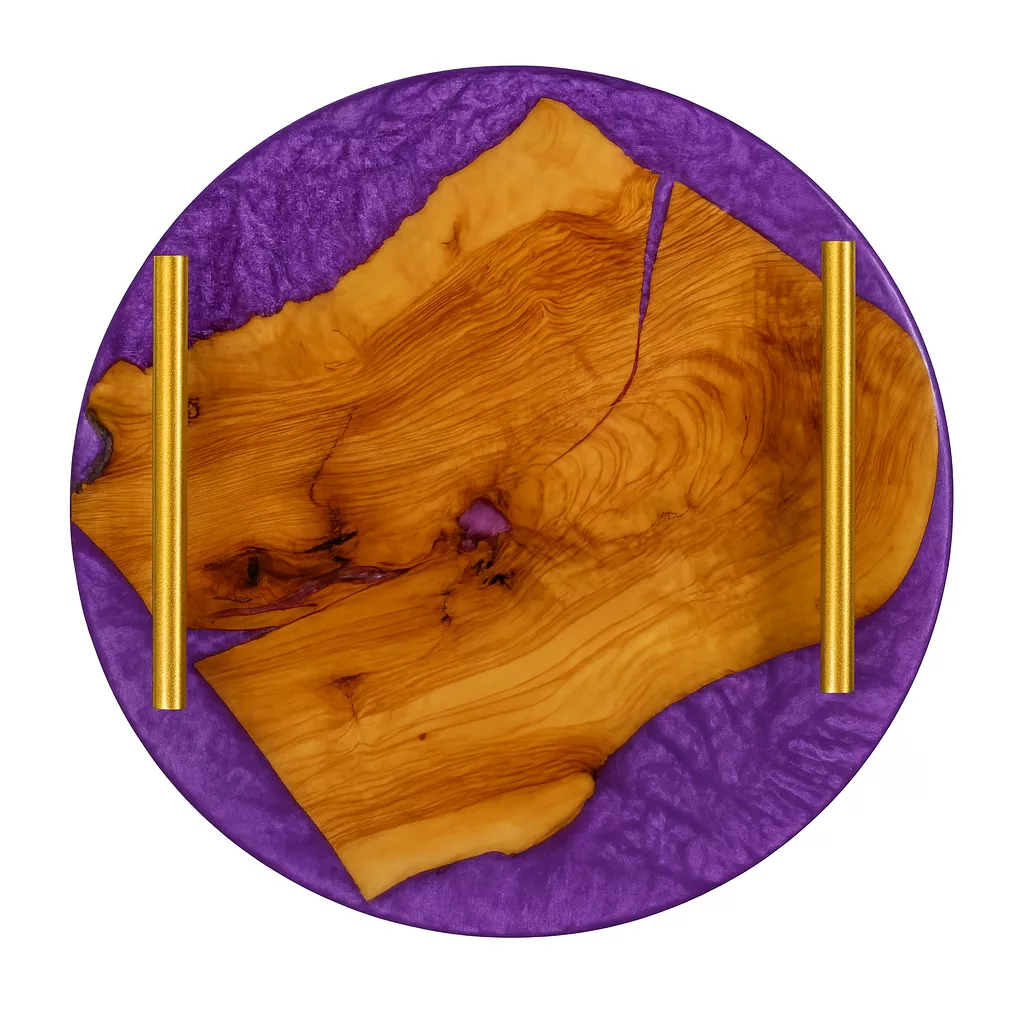 Plateau rond en bois d’olivier & résine colorée – Image 5