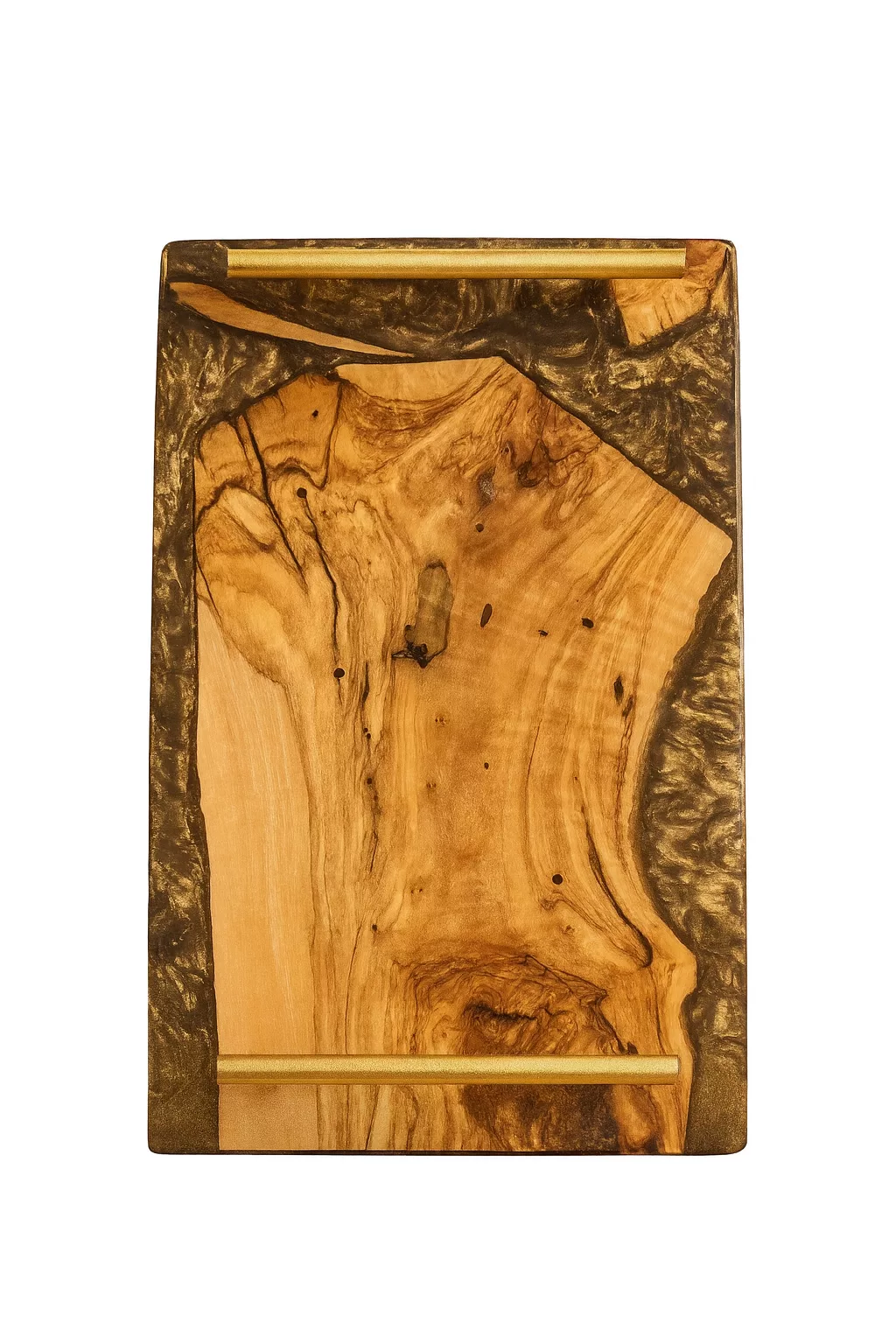 Plateau rectangulaire en bois et résine avec poignées dorées – Image 7