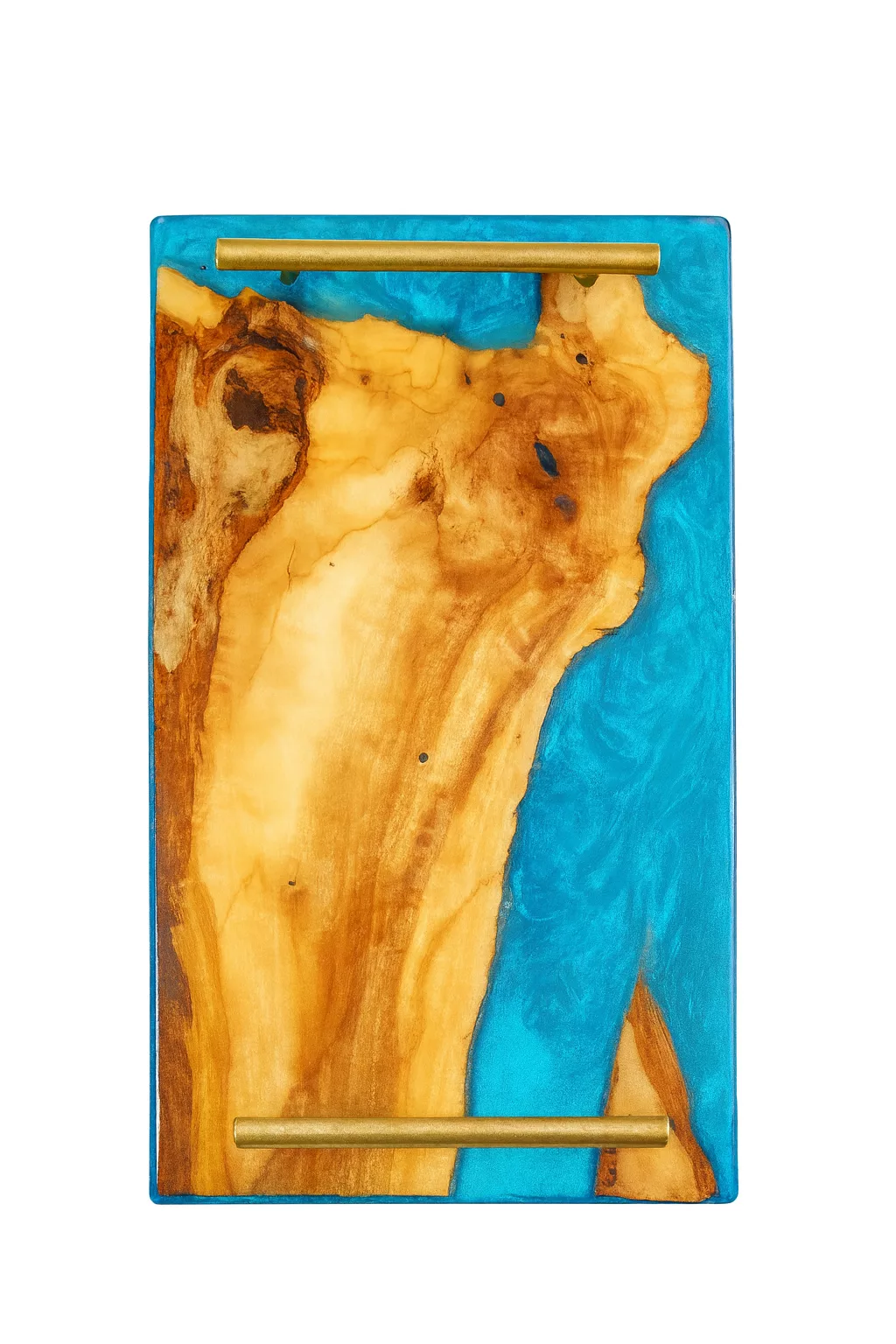 Plateau rectangulaire en bois et résine avec poignées dorées – Image 8
