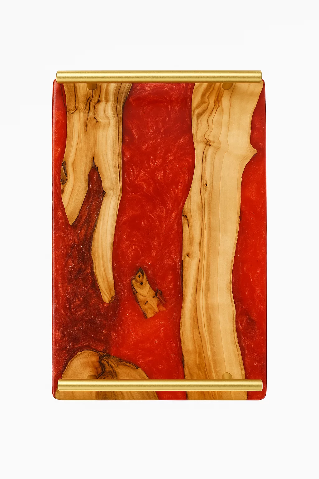 Plateau rectangulaire en bois et résine avec poignées dorées – Image 5