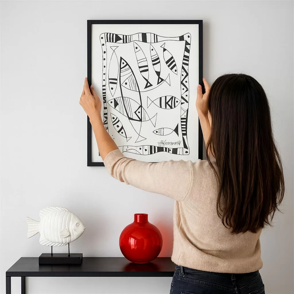 tableau croquis artistique en sous verres representant des poissons en mouvement