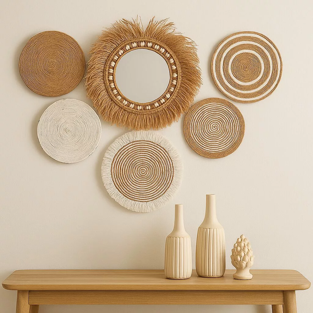 Ensemble mural bohème – Miroir & panneaux décoratifs en fibres naturelles – Image 2