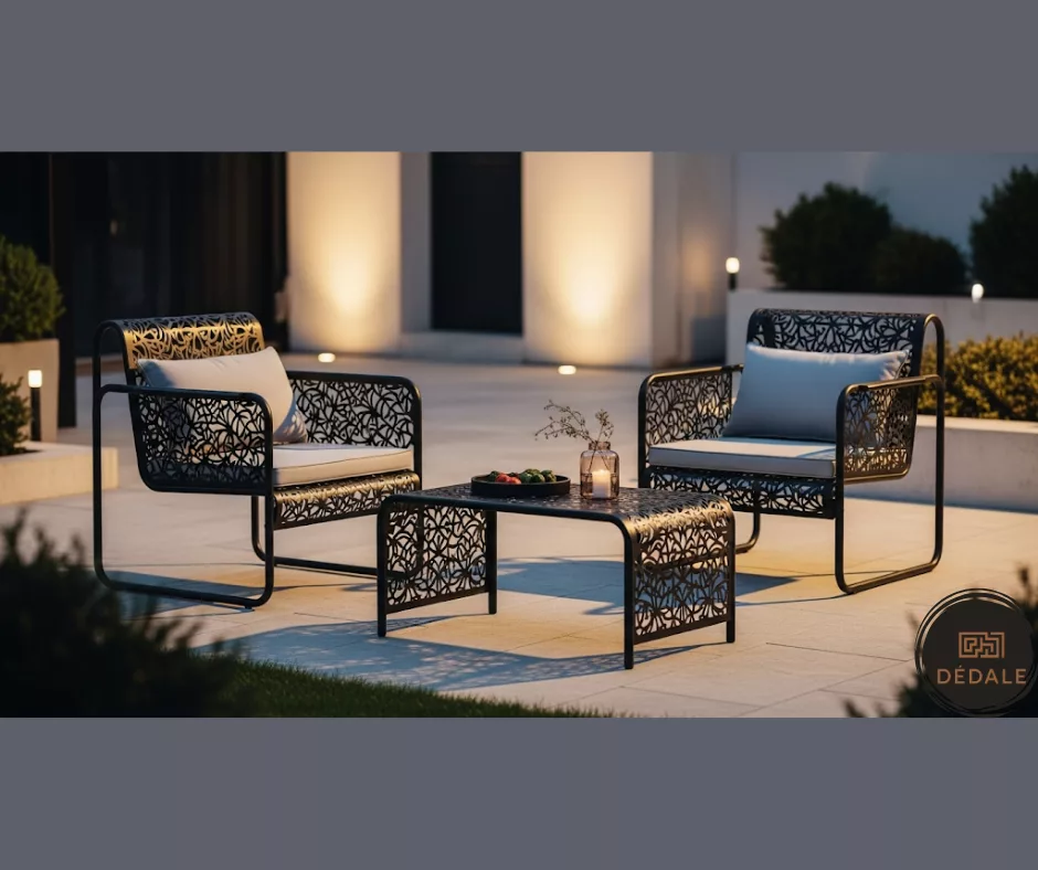 “Présentation du salon de jardin métallique ‘Zéphyr Urbain’ de Dédale, comprenant deux fauteuils et une table basse, pour illustrer le design moderne et la qualité de fabrication tunisienne.”