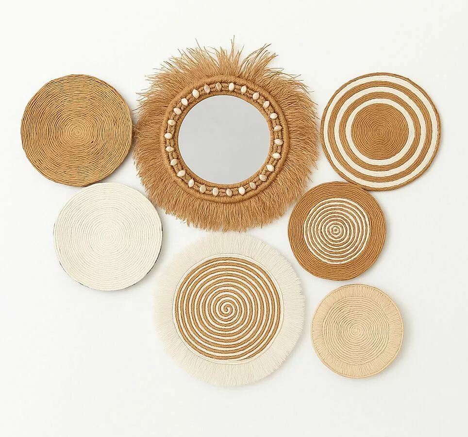 Ensemble mural bohème – Miroir & panneaux décoratifs en fibres naturelles