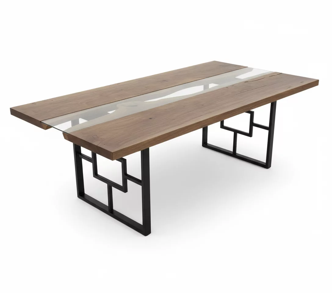 Table Design en Bois Massif & Verre – Piètement Métallique Géométrique