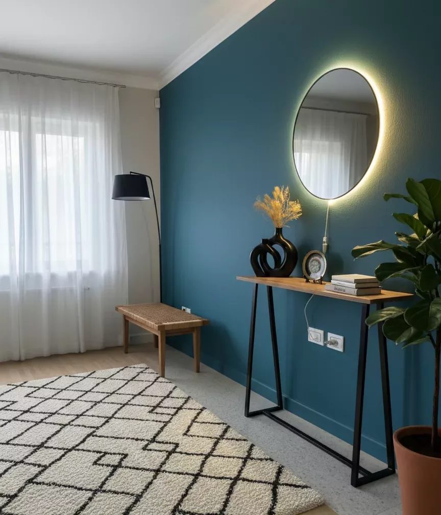 Ensemble Minimaliste : Console Effet Bois & Miroir LED Circulaire – Image 2