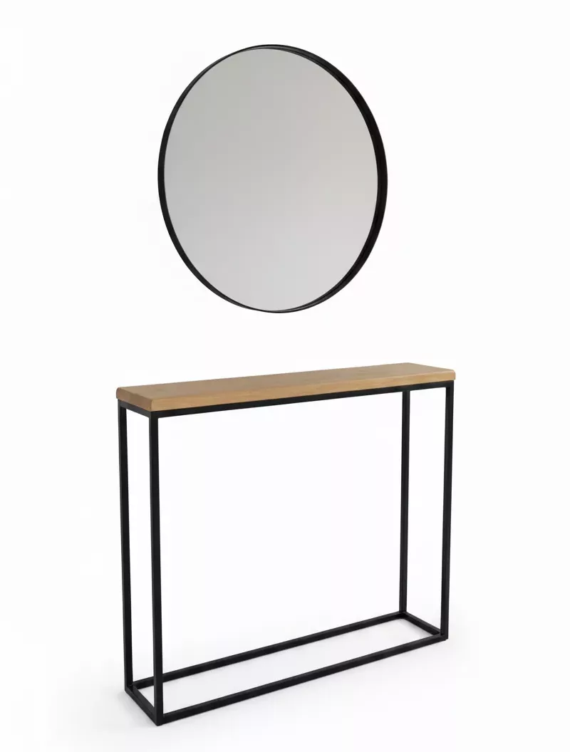 Ensemble Élégance Épurée : Console Bois Naturel & Miroir Rond Minimaliste
