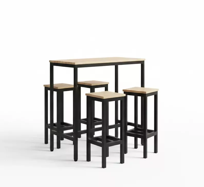 Ensemble Table Haute et 4 Tabourets Industriels – Bois Naturel & Métal Noir