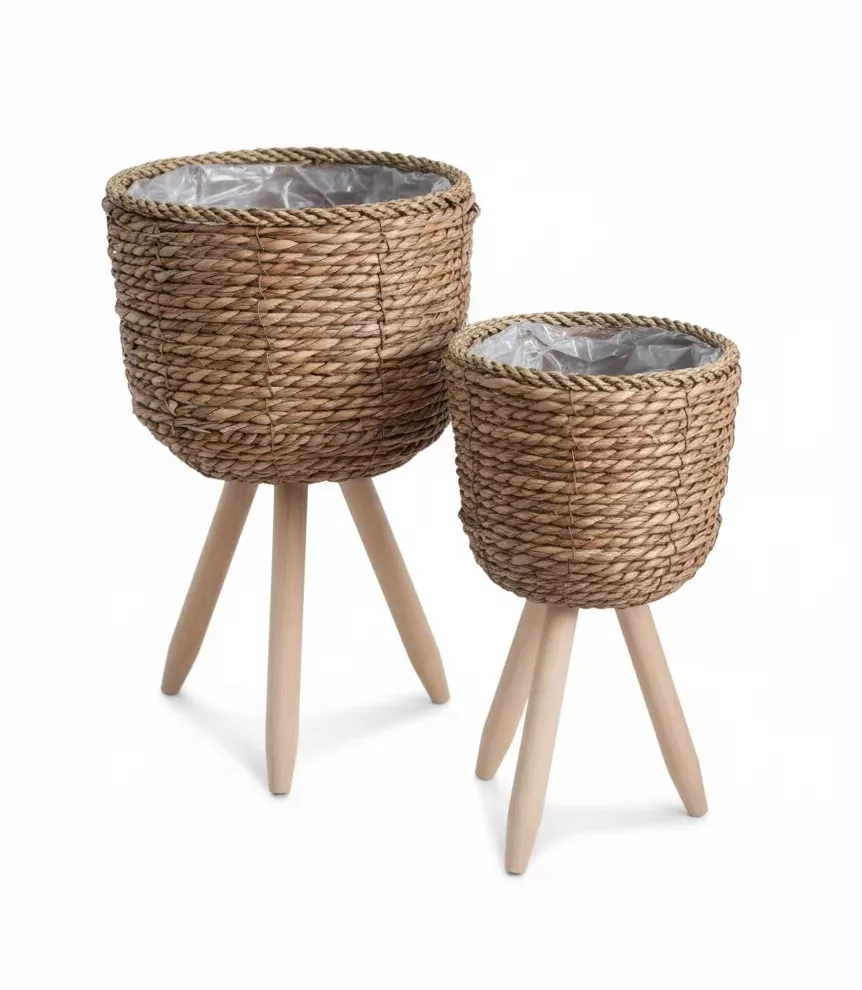 Set de 2 Cache-pots "Élégance Naturelle" – Jonc de Mer et Pieds en Bois