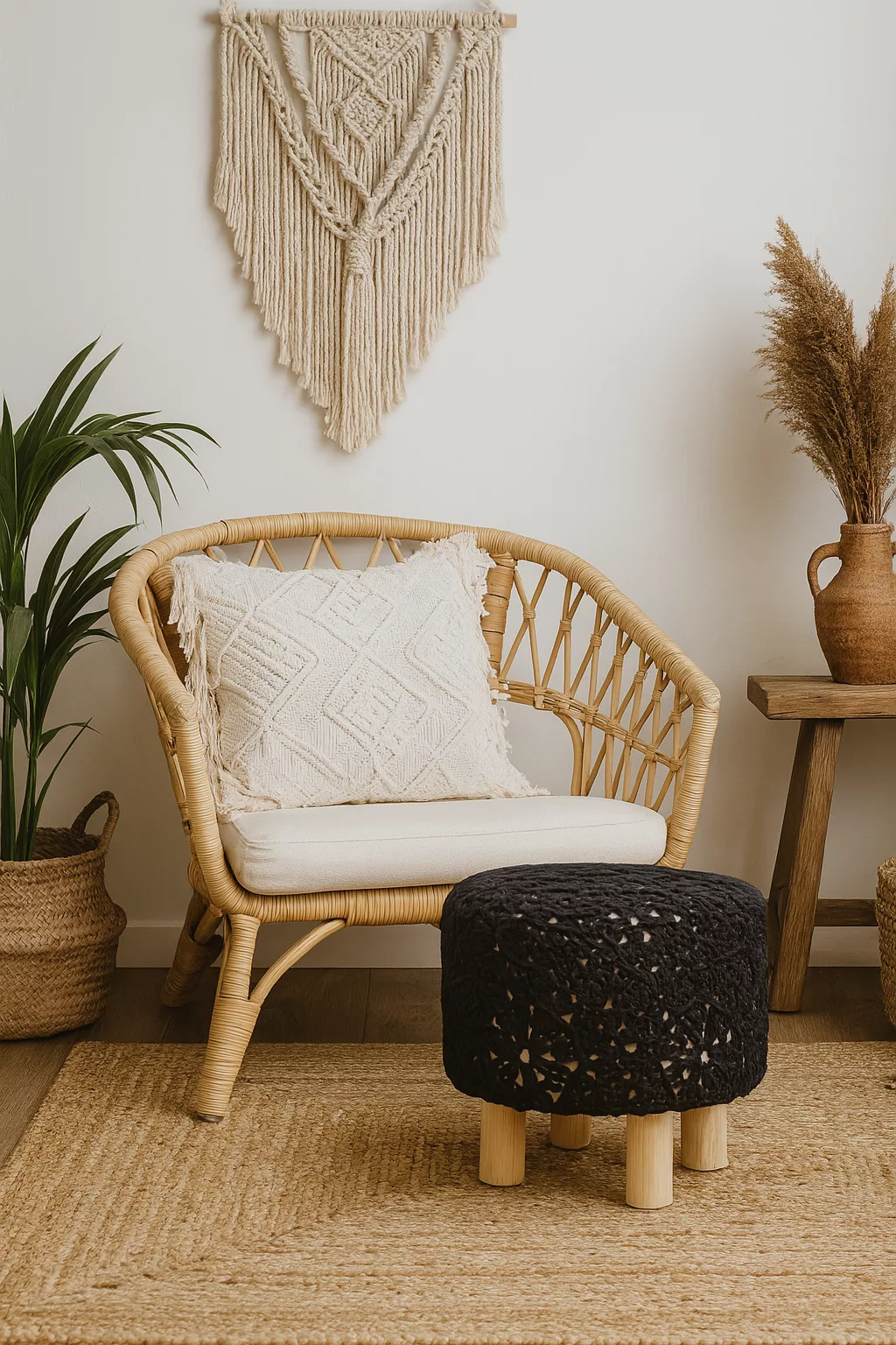 POUF EN MACRAME NOIR DANS UNE AMBIANCE BOHEME CHIC