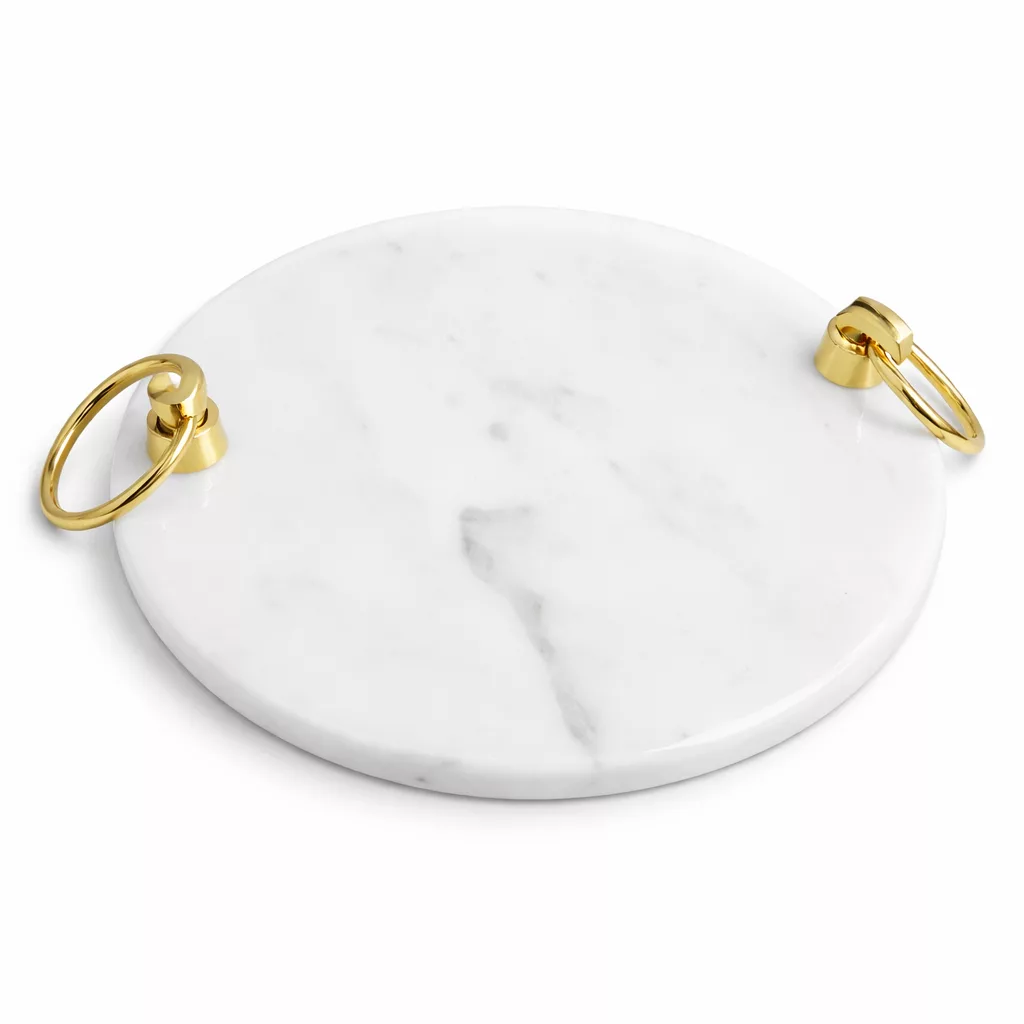 Plateau Rond en Marbre Blanc avec Poignées Dorées Ø 25 cm