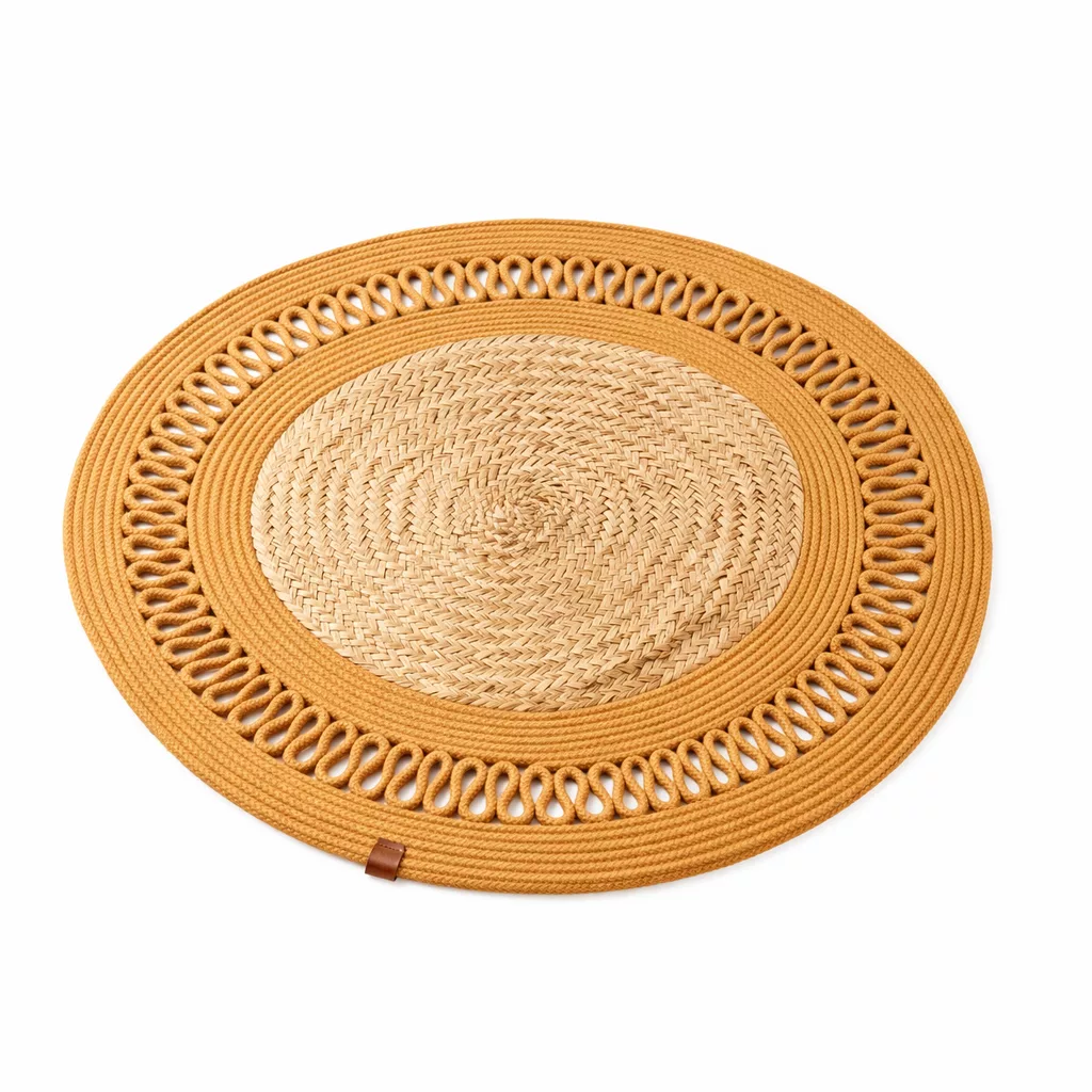 Tapis Rond en fibres de palmier Tressé – Jaune Moutarde