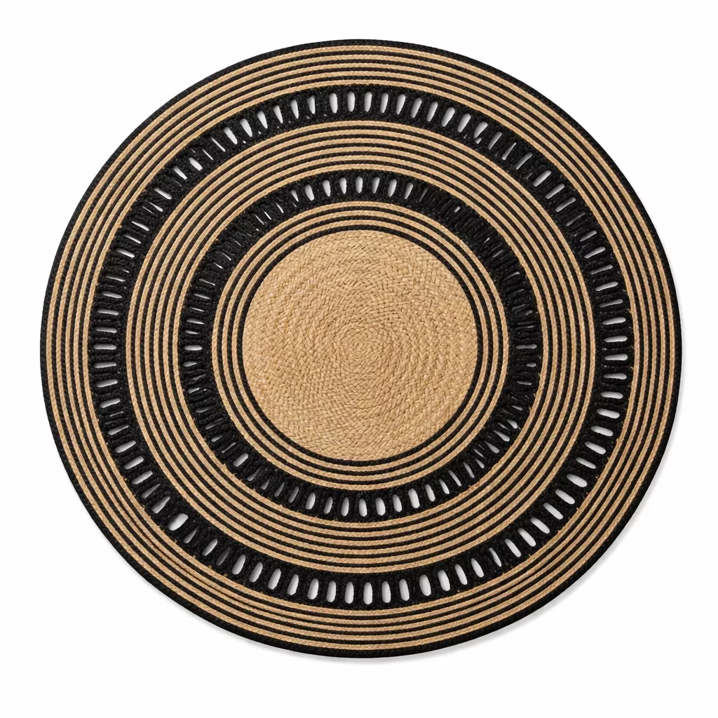 Tapis Rond en Jute Tressée & Fibres Naturelle- Noir & Beige