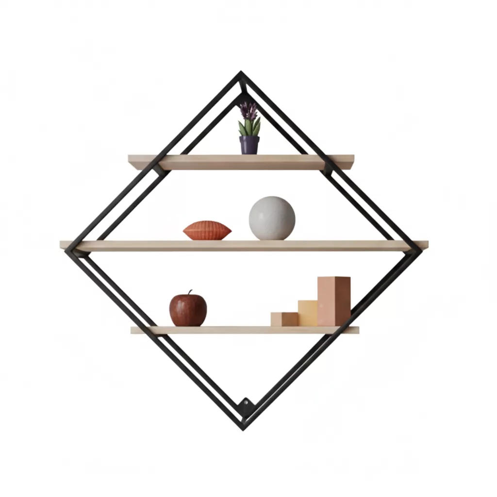 Murale Losange en Métal Noir et Bois Clair - 3 Niveaux