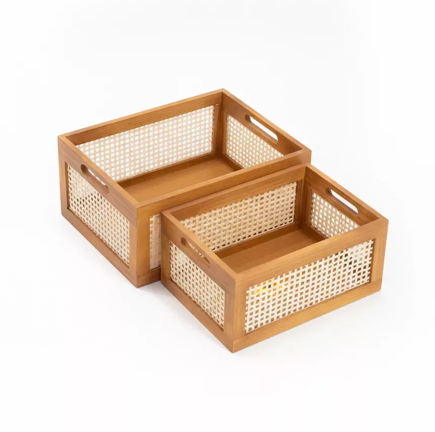 Lot de 2 Paniers de Rangement en Bois et Cannage Rotin