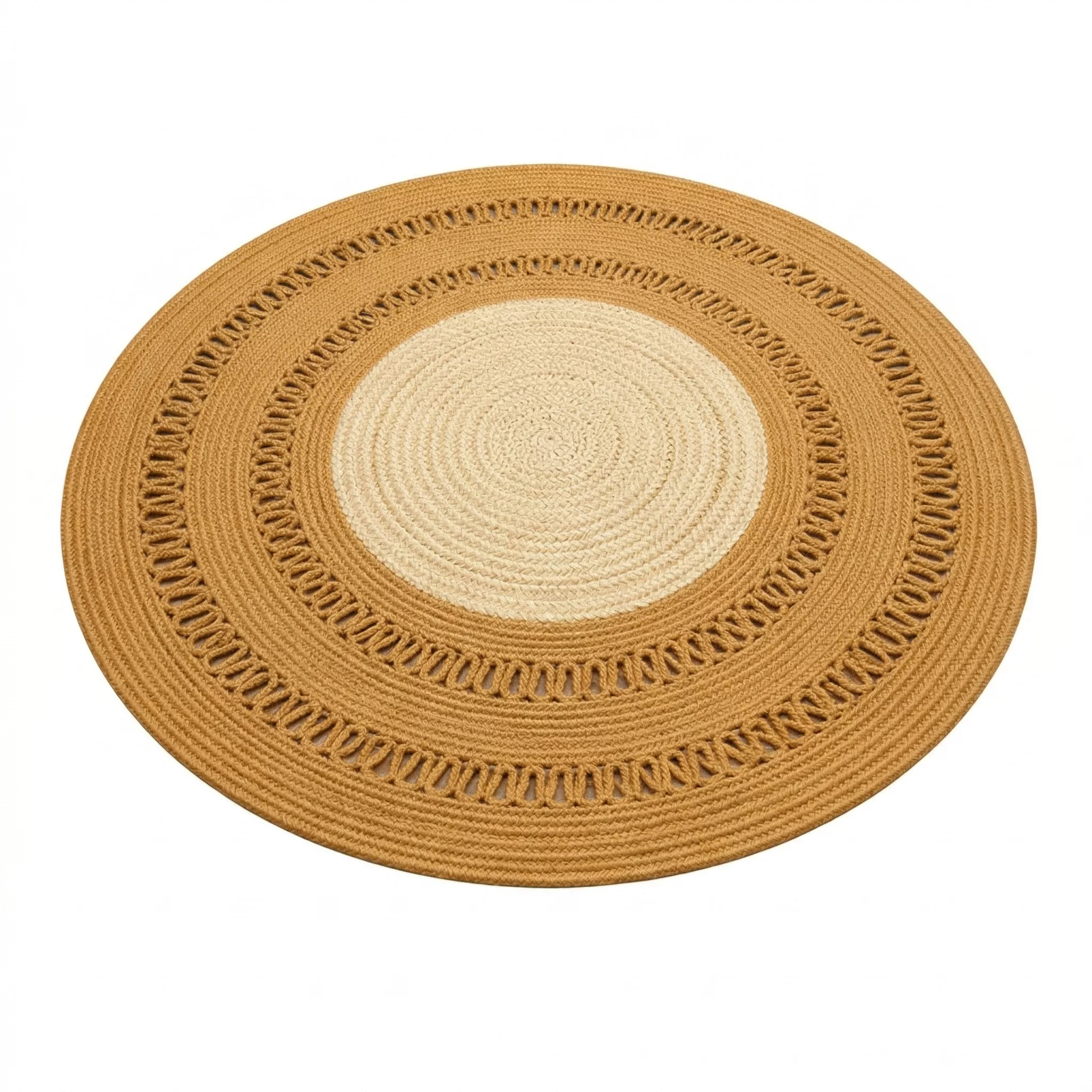 Tapis Rond en Fibres de palmier et coton – jaune Moutarde