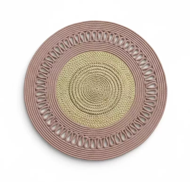 Tapis Rond en fibres de palmier et Coton Tressé - Rose Poudré
