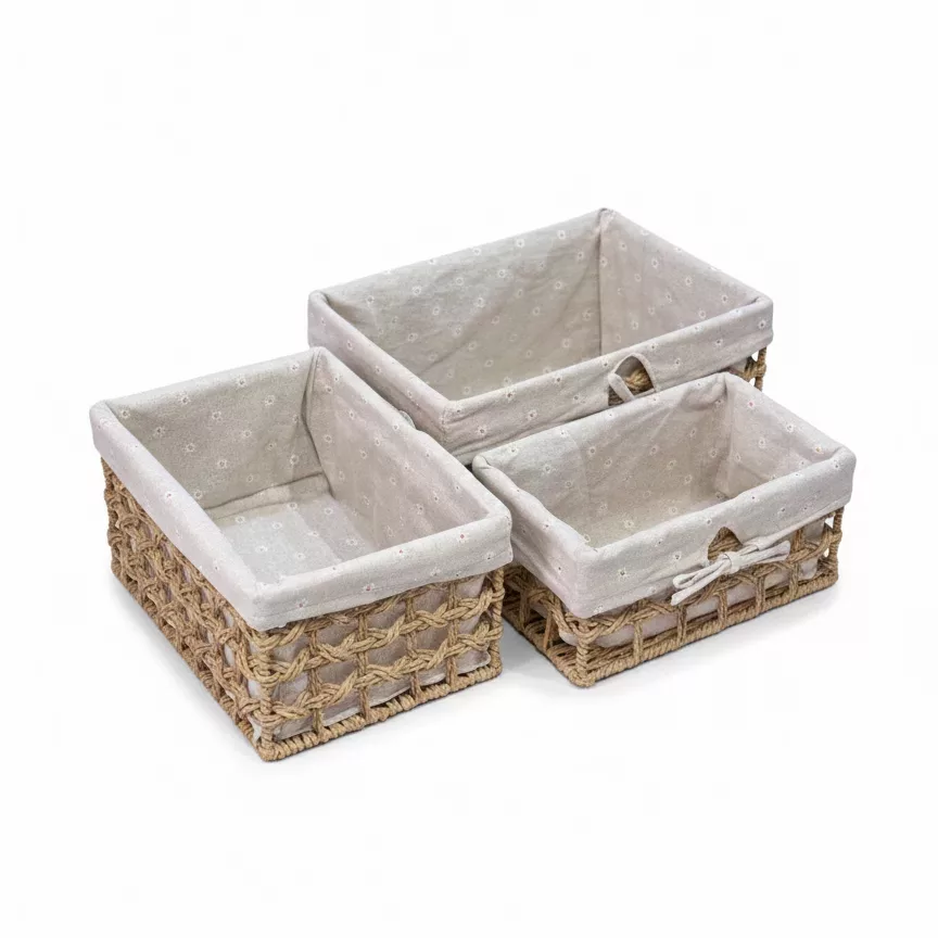 Lot de 3 Paniers de Rangement en Corde Tressée avec Doublure Tissu à Motifs – Corbeilles Rectangulaires Gigognes