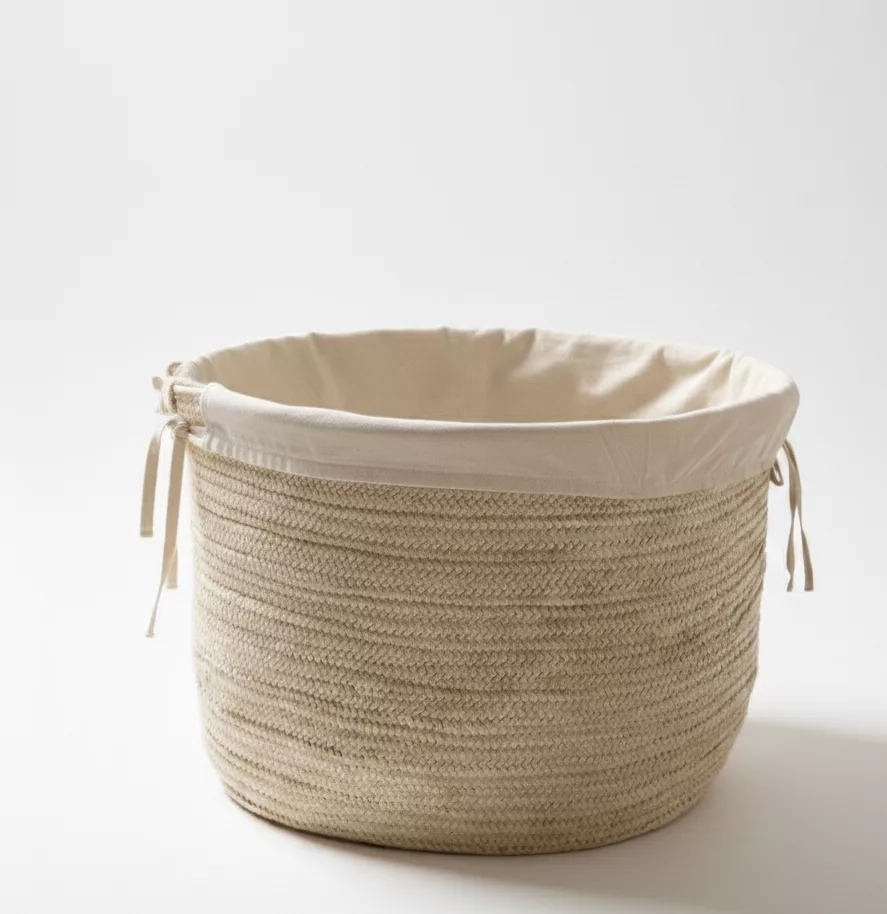 Panier de Rangement Rond Tressé en Fibres Naturelles avec Doublure Textile