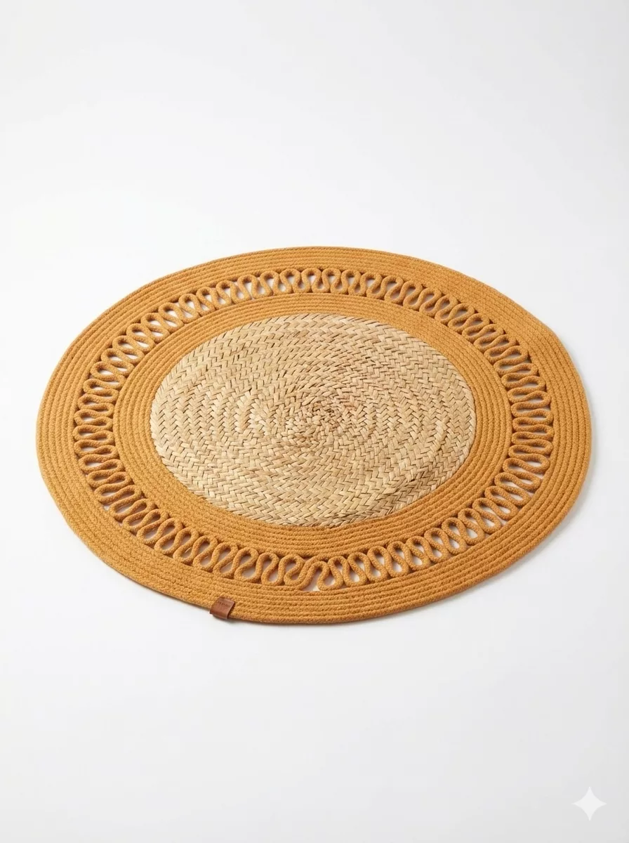 Tapis Rond en Jute Tressée & Fibres Naturelles – Jaune Moutarde