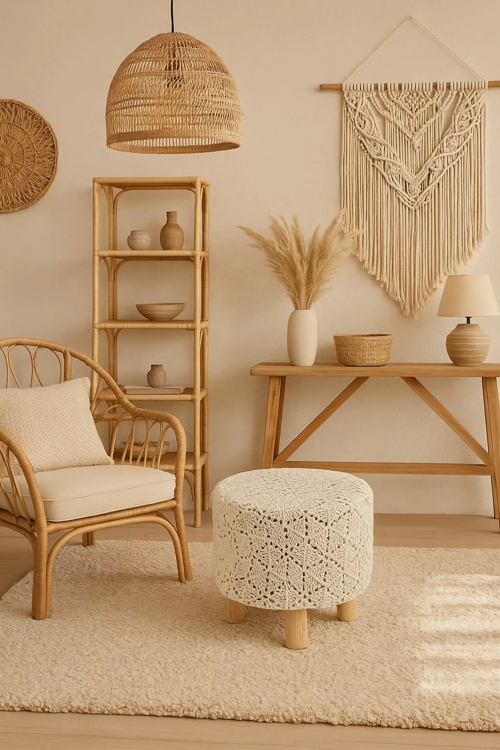 AMBIANCE BOHEME CHIC AVEC POUF EN MACRAMÉ BEIGE