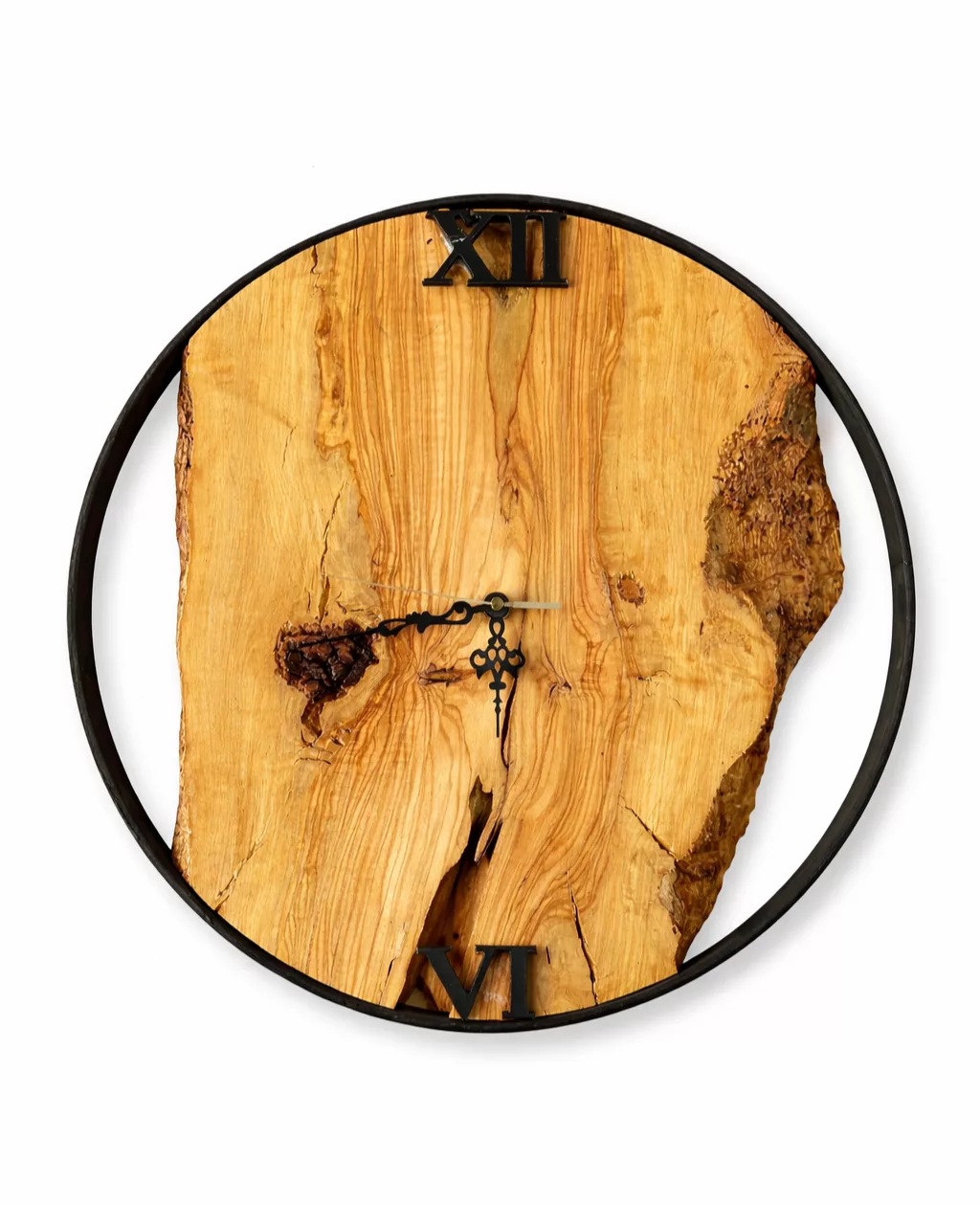 Horloge Murale Artisanale en Bois Massif et Métal Noir – Design Naturel & Industriel