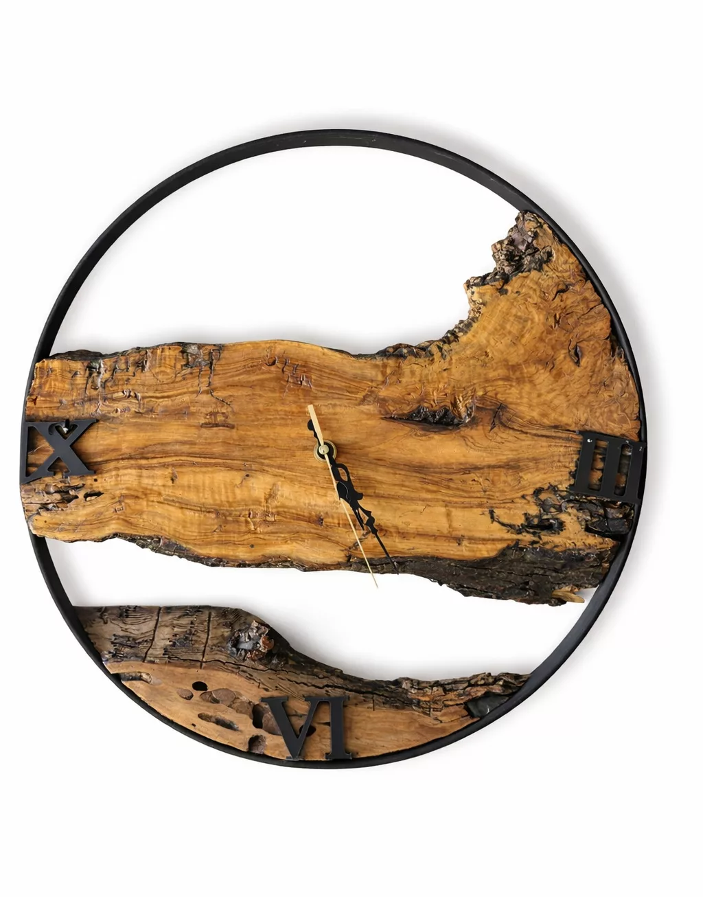 Horloge Murale Artisanale en Bois Massif & Métal Noir – Design Rustique