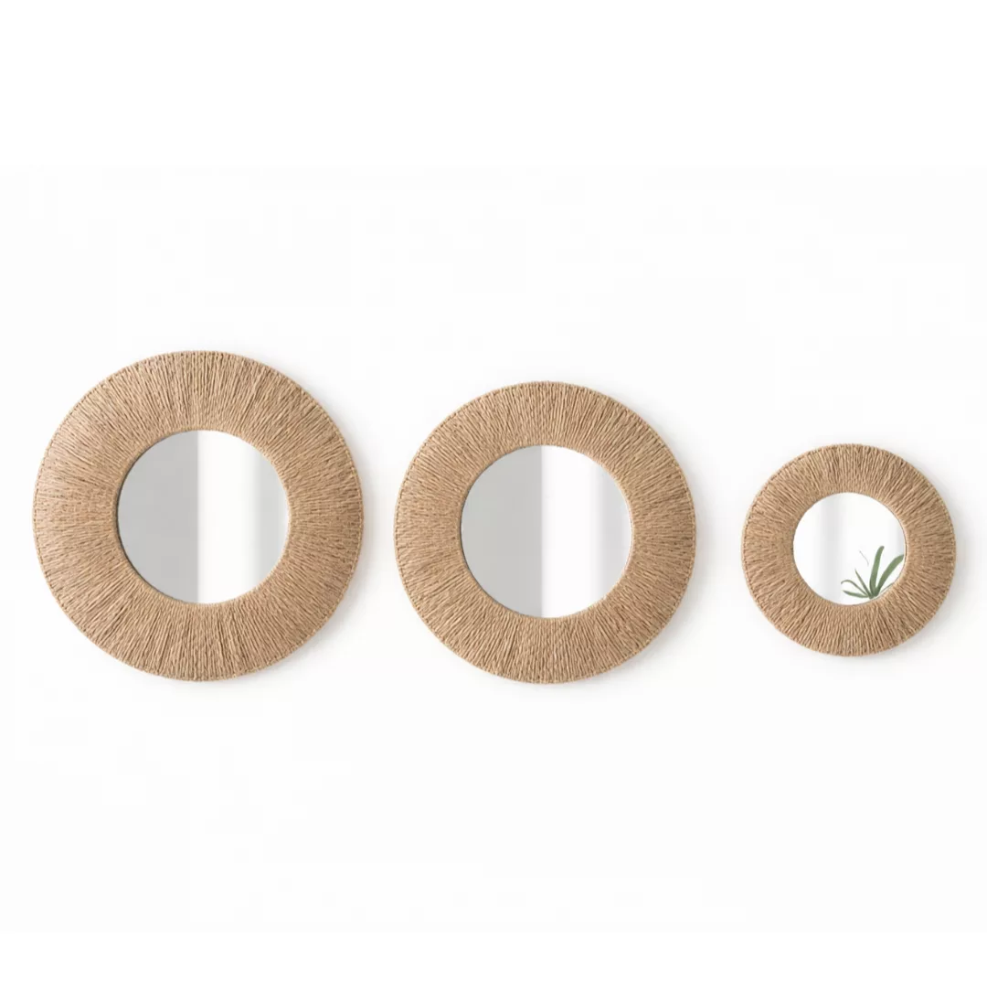 Set de 3 Miroirs Muraux Ronds en Jute – Style Bohème